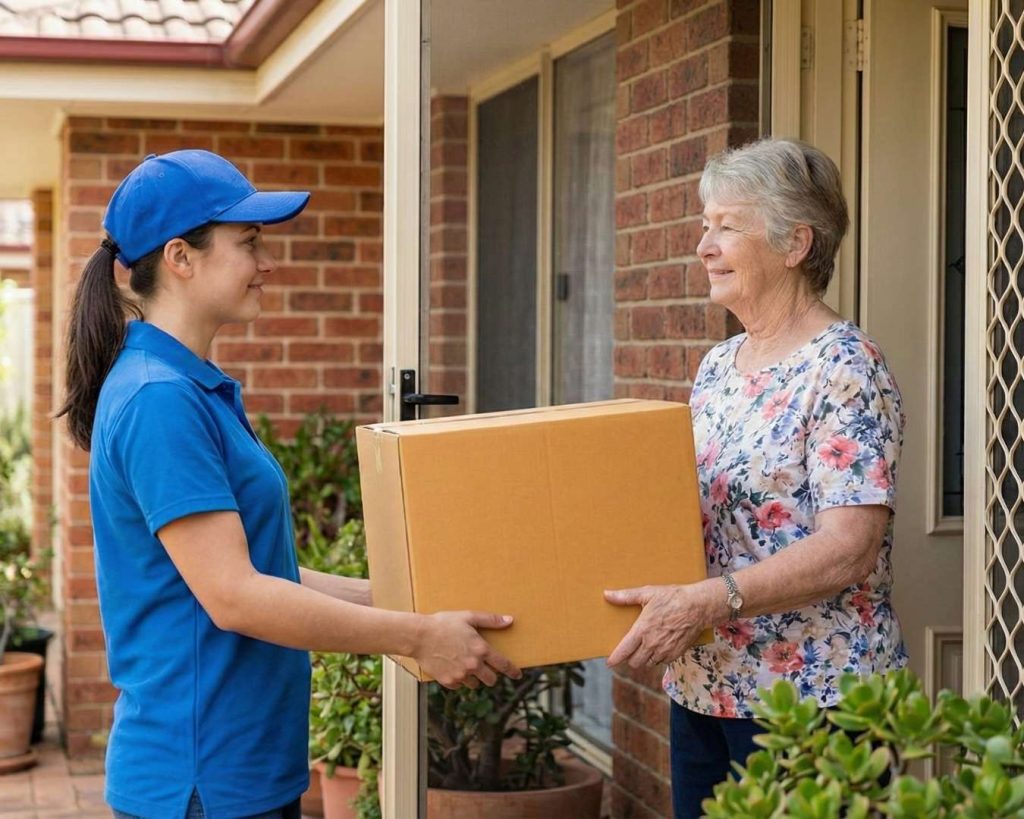 A delivery driver hands a package to a smiling senior woman at her front door, illustrating the reliable shipping logistics streamlined by Part n Parcel.