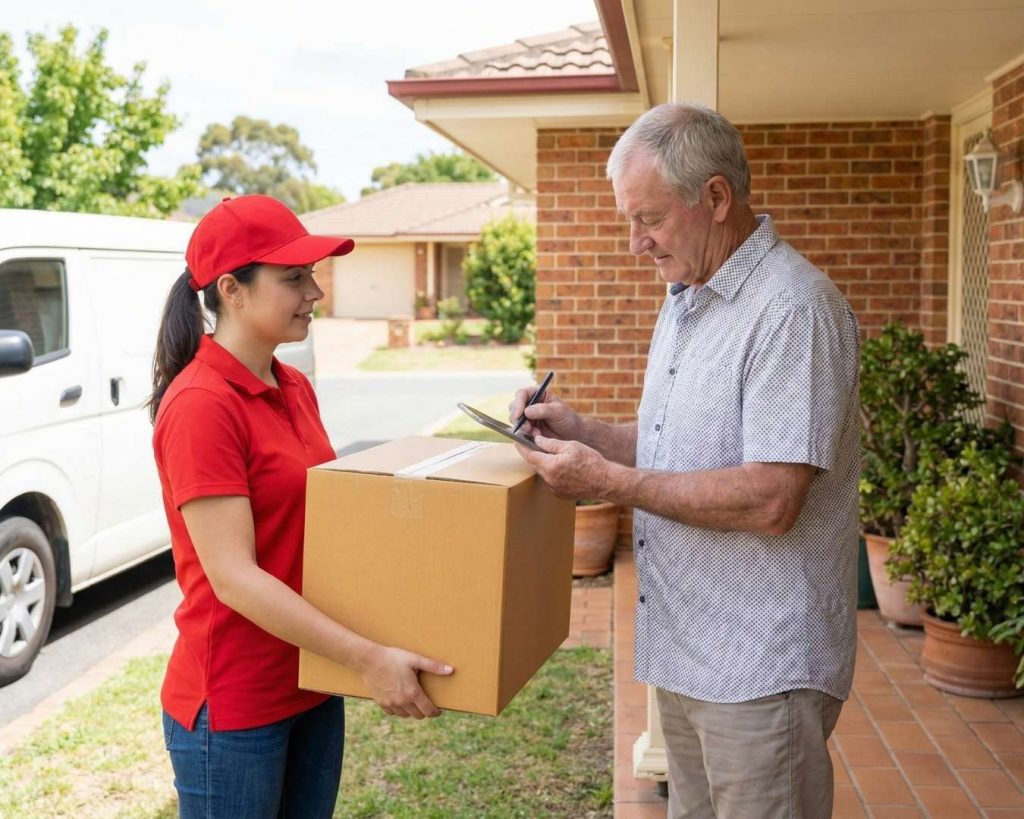 A courier in a red uniform holds a package while a customer signs a tablet, illustrating the reliable last-mile delivery coordination optimized by Part n Parcel.