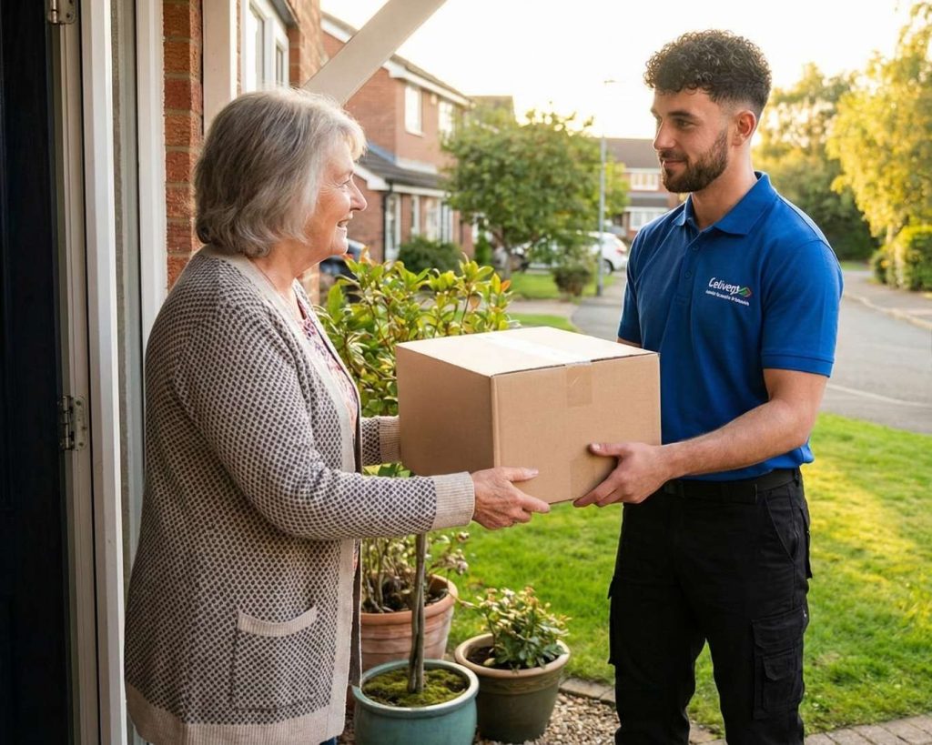 A friendly courier in a blue uniform hands a parcel to a senior customer at her residential doorstep, representing a delivery streamlined by Part n Parcel.