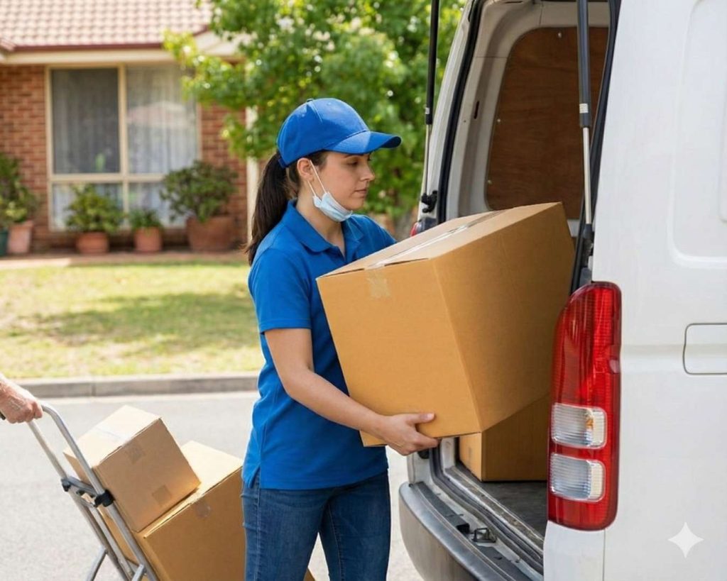 A delivery driver removes a large cardboard box from a white van while a dolly is loaded nearby, demonstrating the logistics support provided by Part n Parcel.