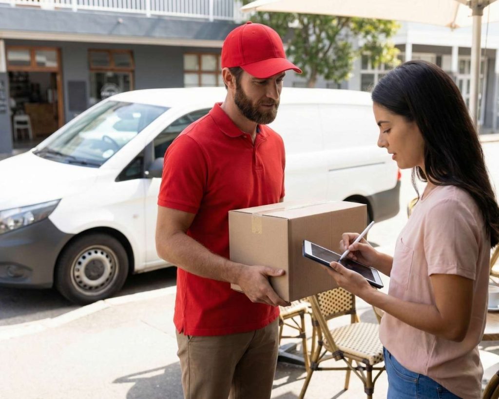 A courier in a red uniform holds a package while a female customer signs a digital tablet, finalizing a shipment optimized by Part n Parcel.
