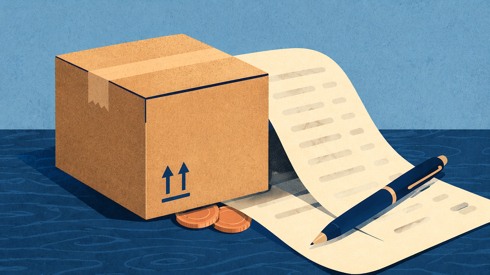 Flat illustration of a cardboard shipping box on a desk with an unfurling invoice and coins tucked beneath the box.