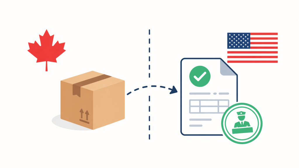 Illustration of a package shipping from Canada to the United States with a customs-cleared document and approval checkmark.
