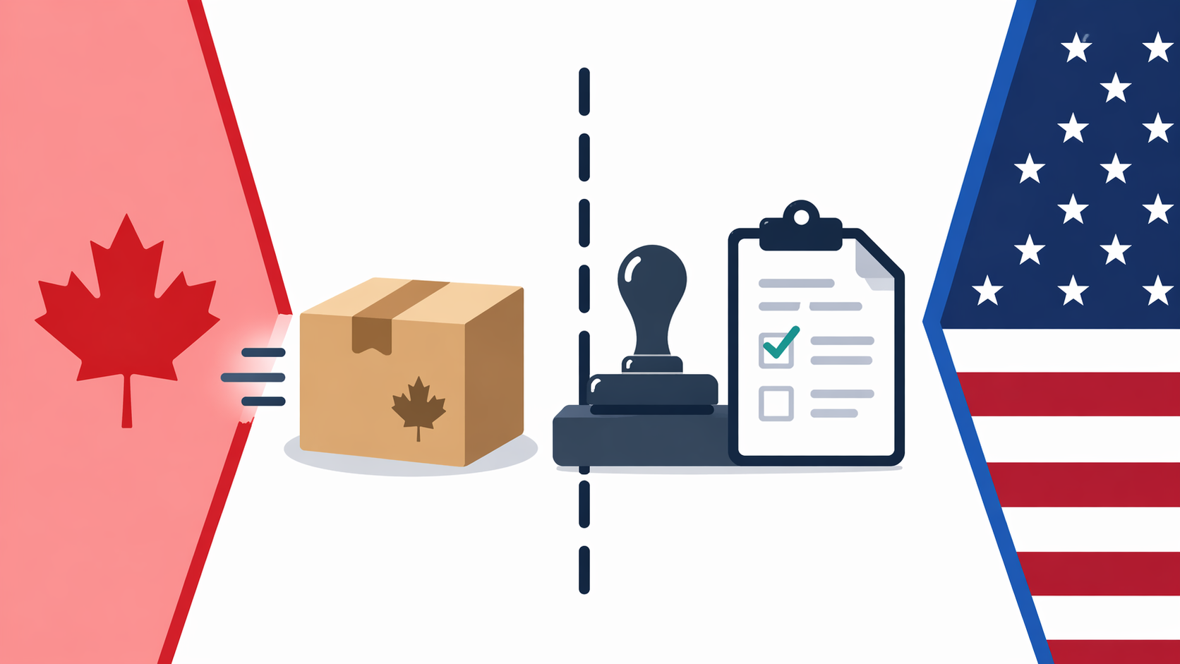 Package at a Canada–US customs checkpoint with stamp and checklist icons