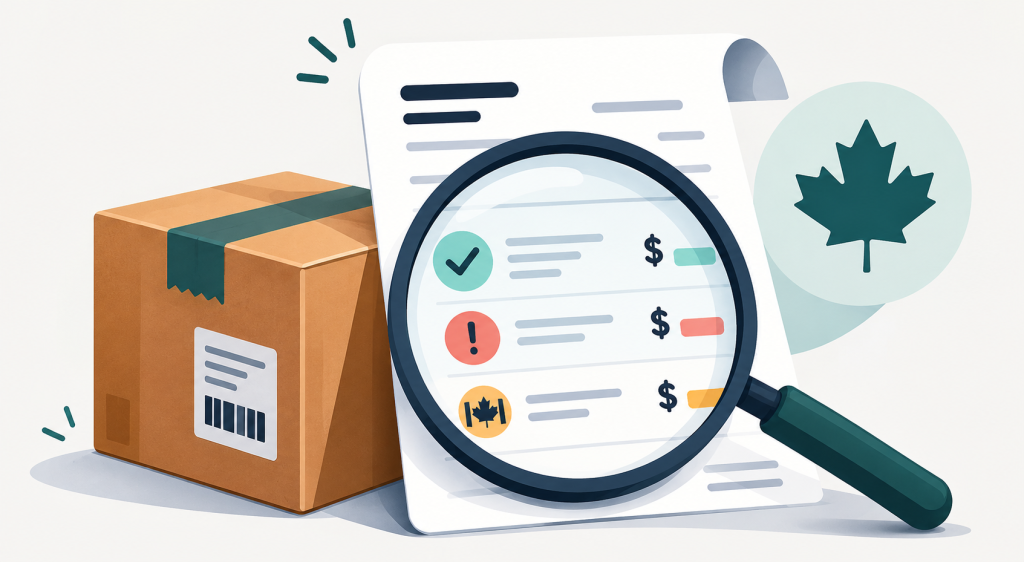 Illustration of a shipping box beside a carrier invoice being examined with a magnifying glass, with a small Canadian maple leaf icon and a calculator on a clean background.