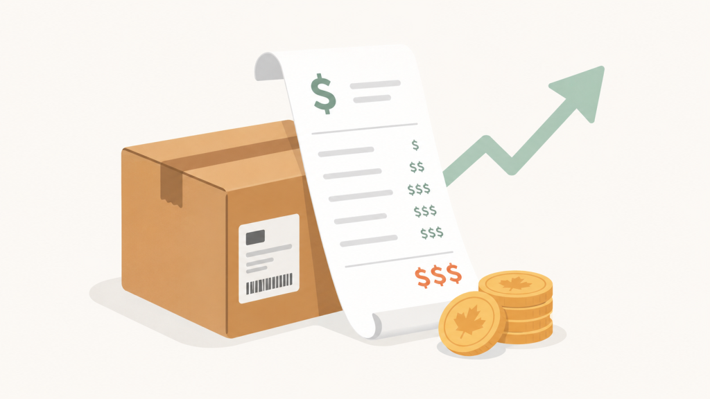Illustration of a shipping box with a long invoice receipt, stacked coins, and an upward arrow on a light background.