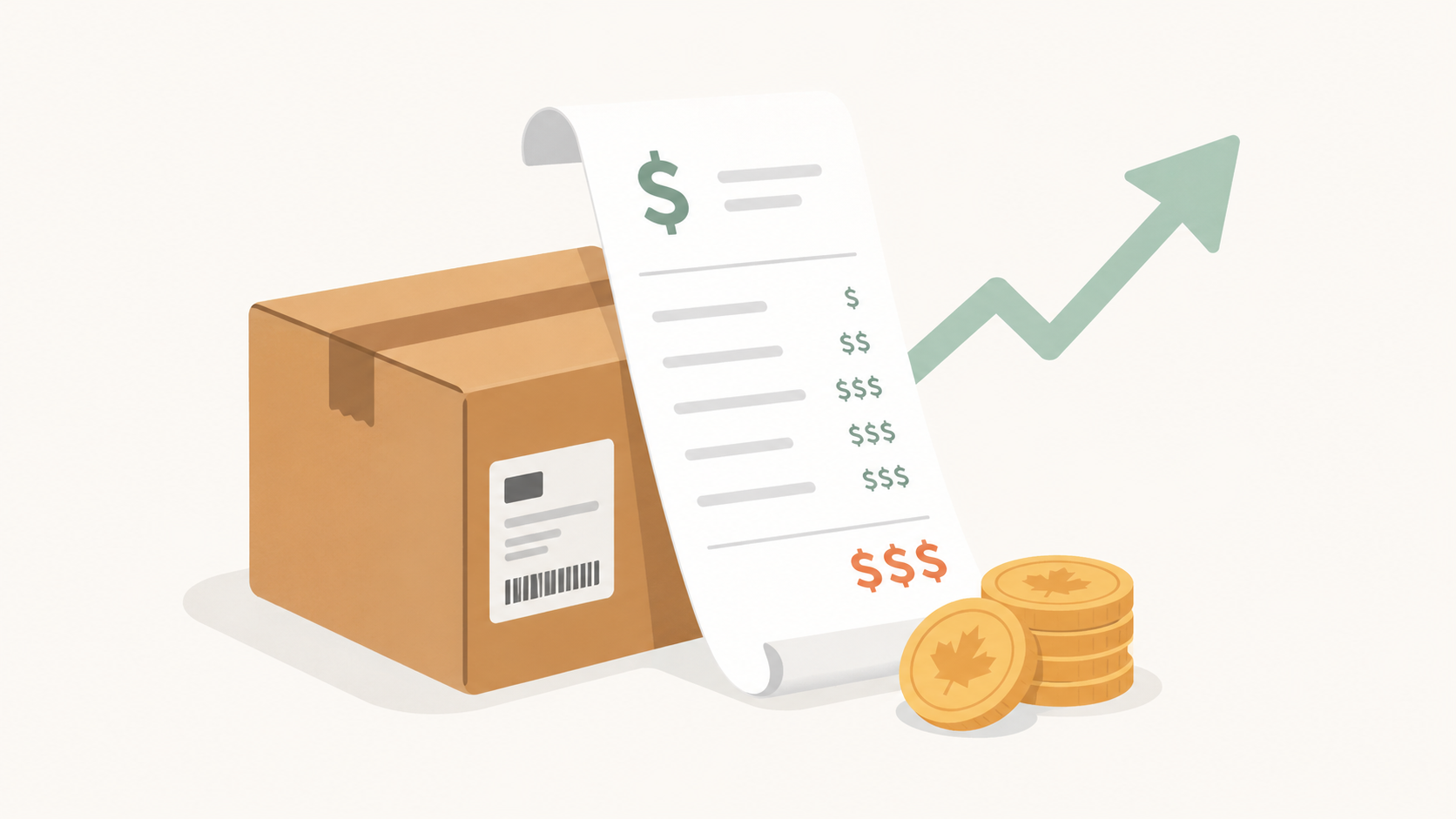 Illustration of a shipping box with a long invoice receipt, stacked coins, and an upward arrow on a light background.