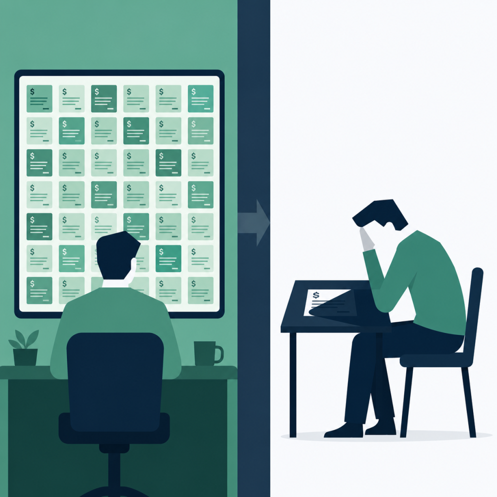 Flat illustration showing a carrier with full rate visibility looking at a merchant who sees only their own invoice