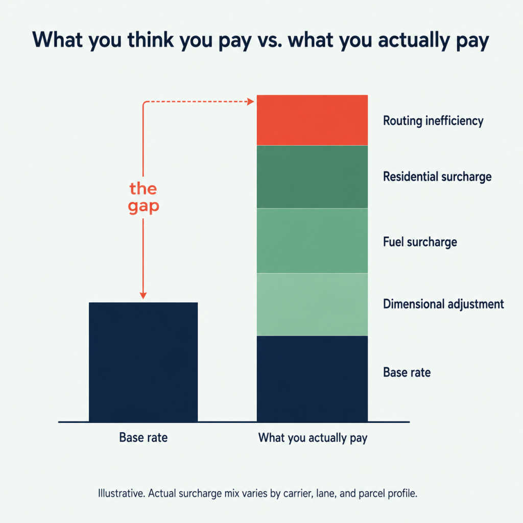 Stacked bar showing how base rate grows with dimensional pricing, fuel, residential surcharge, and routing to reach actual landed cost