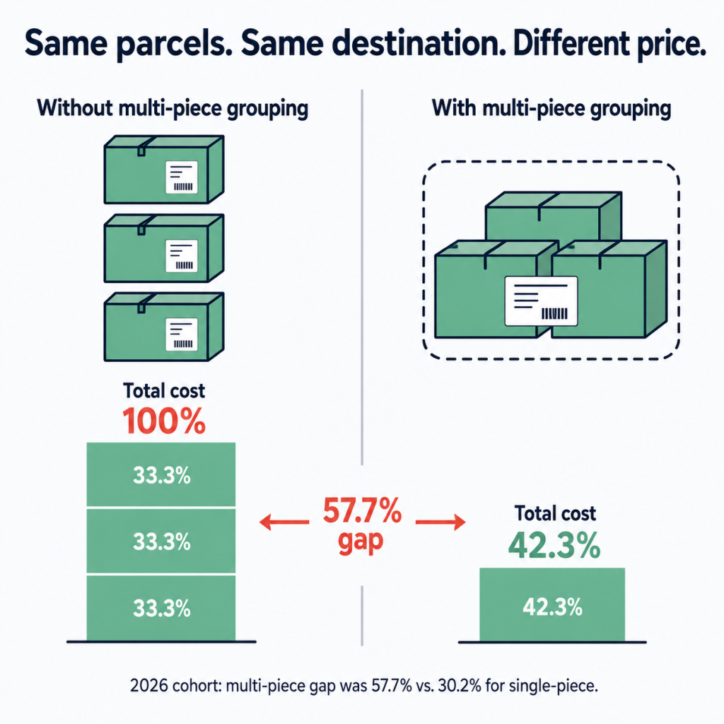 Side-by-side comparison showing three parcels priced individually versus grouped as multi-piece shipment