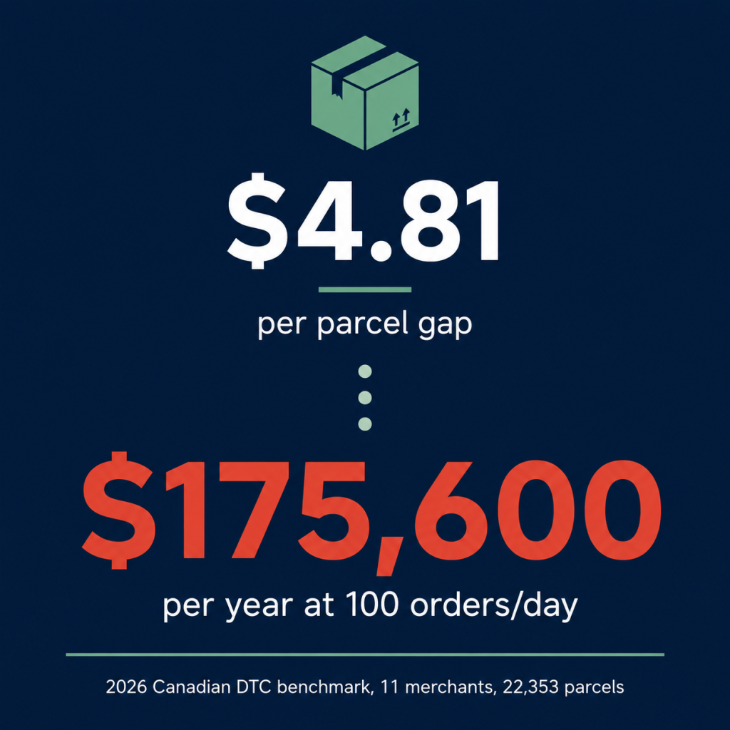 Stat card showing $4.81 per parcel gap scaling to $175,600 per year for a 100-order-per-day merchant