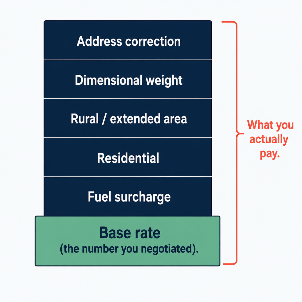 Diagram showing a negotiated base rate at the bottom, with stacked additional shipping fees above it: fuel surcharge, residential, rural/extended area, dimensional weight, and address correction. A bracket on the right indicates that all these charges together make up “What you actually pay.”