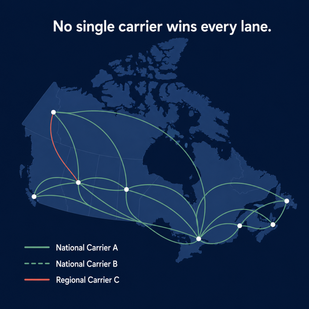 A stylized dark-blue map of Canada with white route nodes connected by green and red curved lines. The headline reads, “No single carrier wins every lane.” A legend identifies the routes as National Carrier A in solid green, National Carrier B in dashed green, and Regional Carrier C in red.