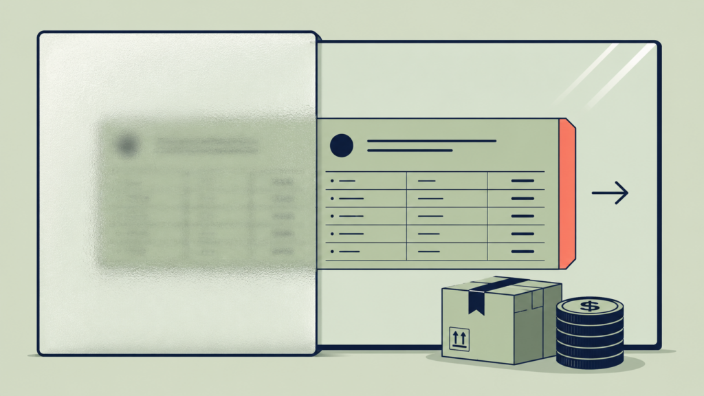 Illustration of a shipping invoice, package, and stack of coins, representing freight or carrier-rate negotiation for a small business.