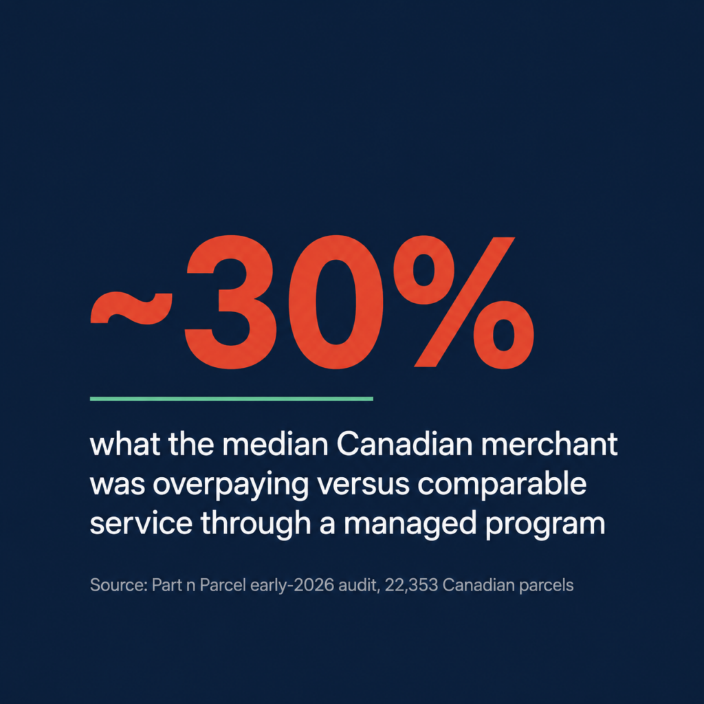 A dark navy graphic with large red text reading &ldquo;~30%.&rdquo; Beneath it, white text says: &ldquo;what the median Canadian merchant was overpaying versus comparable service through a managed program.&rdquo; A small source line at the bottom reads: &ldquo;Source: Part N Parcel early-2026 audit, 22,353 Canadian parcels.&rdquo;