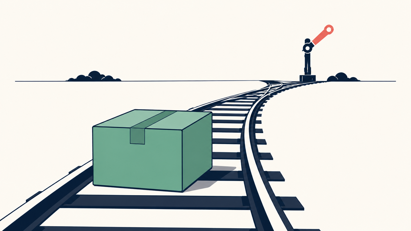 A minimalist illustration of a green parcel box sitting on railway tracks that split toward a raised red-and-blue railway signal in the distance.