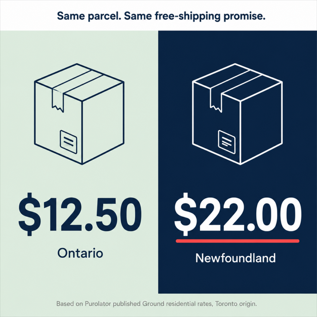 A split graphic compares Purolator ground residential shipping rates from Toronto: a light green panel shows a taped cardboard box and &ldquo;$12.50 Ontario,&rdquo; while a dark navy panel shows a similar white-outlined box and &ldquo;$22.00 Newfoundland,&rdquo; with the Newfoundland price underlined in red. Headline: &ldquo;Same parcel. Same free-shipping promise.&rdquo; Small text says the figures are based on Purolator published Ground residential rates, Toronto origin.