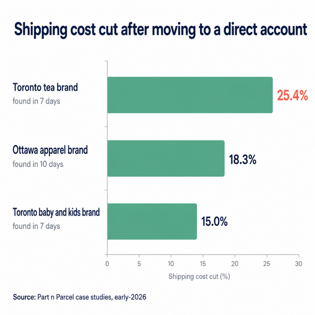A horizontal bar chart titled &ldquo;Shipping cost cut after moving to a direct account&rdquo; shows shipping cost reductions for three Canadian brands:

- Toronto tea brand, found in 7 days: 25.4%.
- Ottawa apparel brand, found in 10 days: 18.3%.
- Toronto baby and kids brand, found in 7 days: 15.0%.

The x-axis shows shipping cost cut percentages from 0 to 30. Source: Part n Parcel case studies, early 2026.