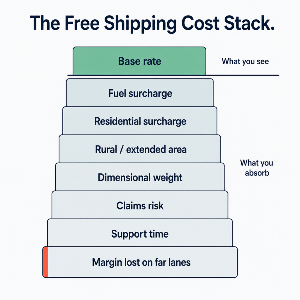 A stacked-step diagram titled &ldquo;The Free Shipping Cost Stack.&rdquo; The top green block, labeled &ldquo;Base rate,&rdquo; represents &ldquo;What you see.&rdquo; Beneath it are gray layers labeled &ldquo;Fuel surcharge,&rdquo; &ldquo;Residential surcharge,&rdquo; &ldquo;Rural / extended area,&rdquo; &ldquo;Dimensional weight,&rdquo; &ldquo;Claims risk,&rdquo; &ldquo;Support time,&rdquo; and &ldquo;Margin lost on far lanes,&rdquo; representing &ldquo;What you absorb.&rdquo; The bottom layer has a red accent along its left edge.