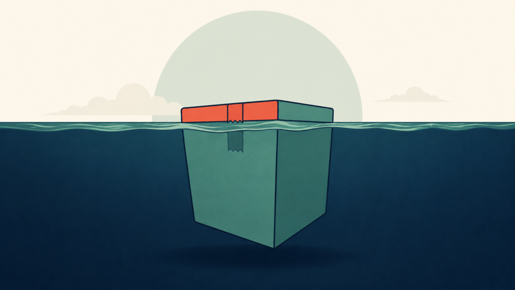 Illustration of a cardboard shipping box with a red band floating in the ocean like an iceberg — only the top shows above the waterline while the much larger bulk sits submerged, symbolizing the hidden costs of "free shipping."