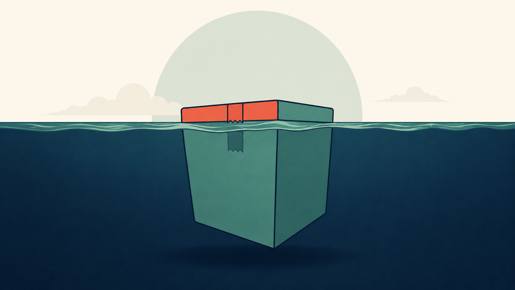 Illustration of a cardboard shipping box with a red band floating in the ocean like an iceberg — only the top shows above the waterline while the much larger bulk sits submerged, symbolizing the hidden costs of "free shipping."