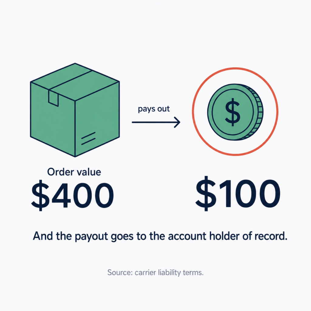 Illustration showing a $400 order value paying out $100 to the account holder of record, with a note that the payout is based on carrier liability terms.