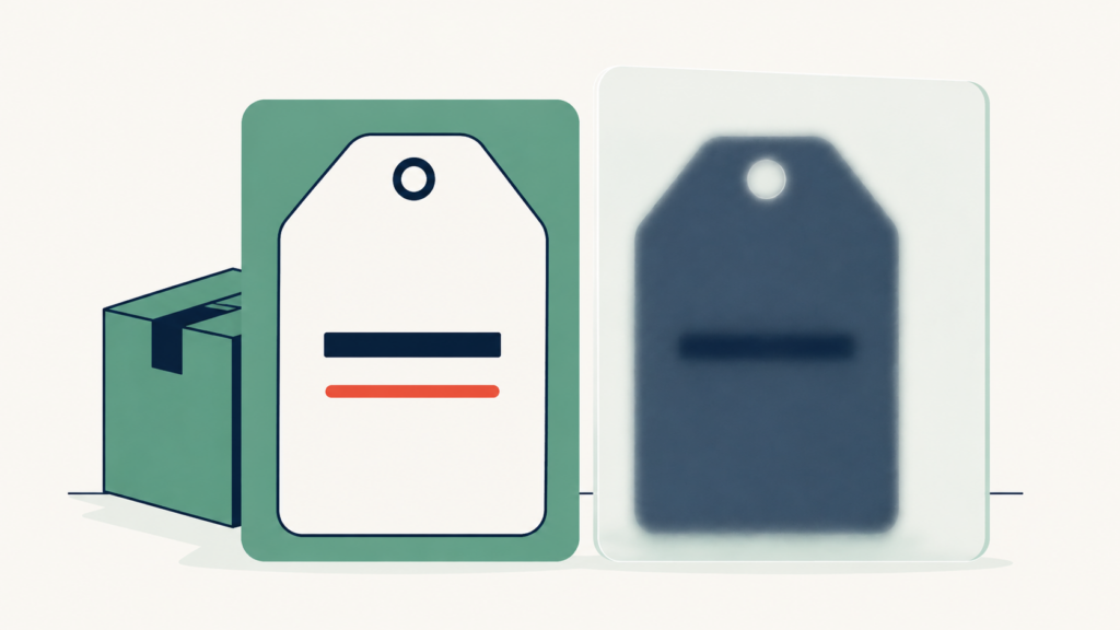 Illustration of two shipping tags in front of a cardboard box: a clear, labeled tag on the left and a blurred, dark tag on the right.