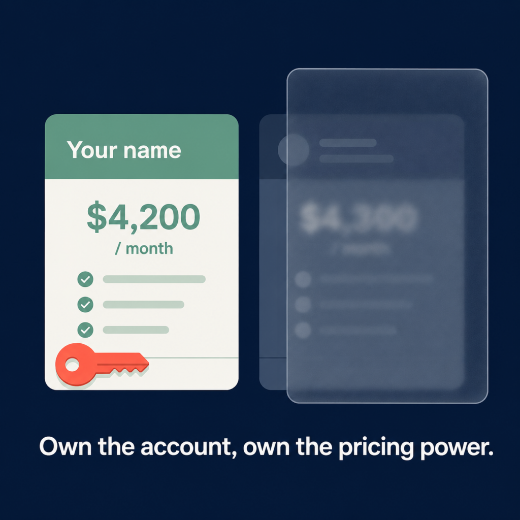 Flat illustration of a carrier account in the merchant's own name beside a rate hidden behind frosted glass