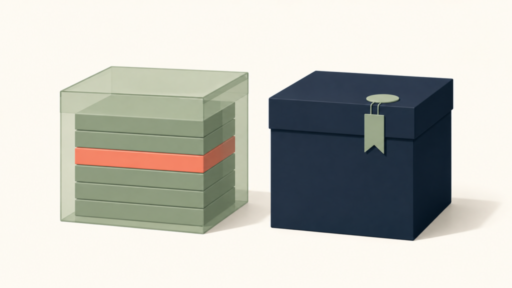 Two square boxes are shown side by side: a translucent green organizer containing stacked trays, with one coral-colored tray highlighted, and a closed navy-blue box with a pale green clasp and bookmark-shaped tag.
