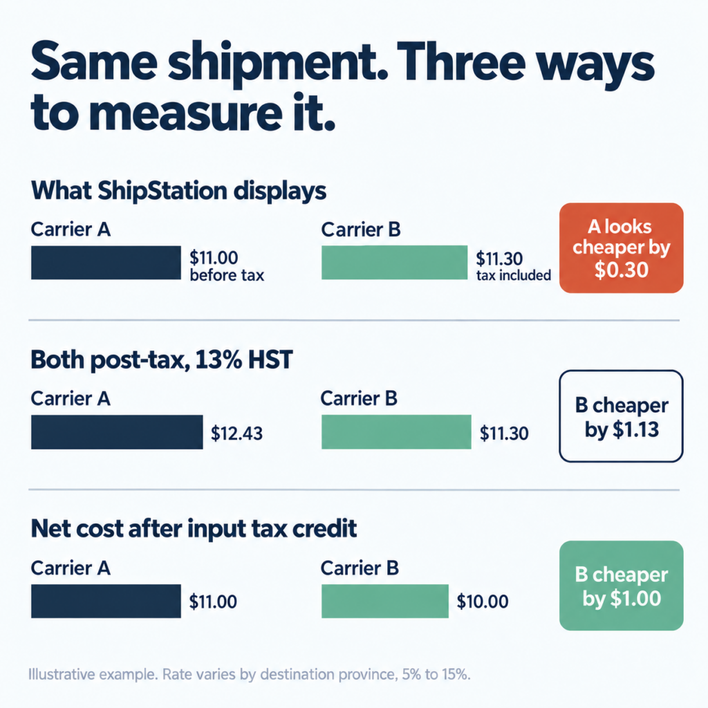 A graphic titled &ldquo;Same shipment. Three ways to measure it.&rdquo; compares shipping costs for Carrier A and Carrier B:

- ShipStation display: Carrier A costs $11.00 before tax; Carrier B costs $11.30 including tax, making Carrier A appear $0.30 cheaper.
- Both post-tax at 13% HST: Carrier A costs $12.43; Carrier B costs $11.30, making Carrier B $1.13 cheaper.
- Net cost after input tax credit: Carrier A costs $11.00; Carrier B costs $10.00, making Carrier B $1.00 cheaper.

The image notes that the example is illustrative and tax rates vary by destination province from 5% to 15%.