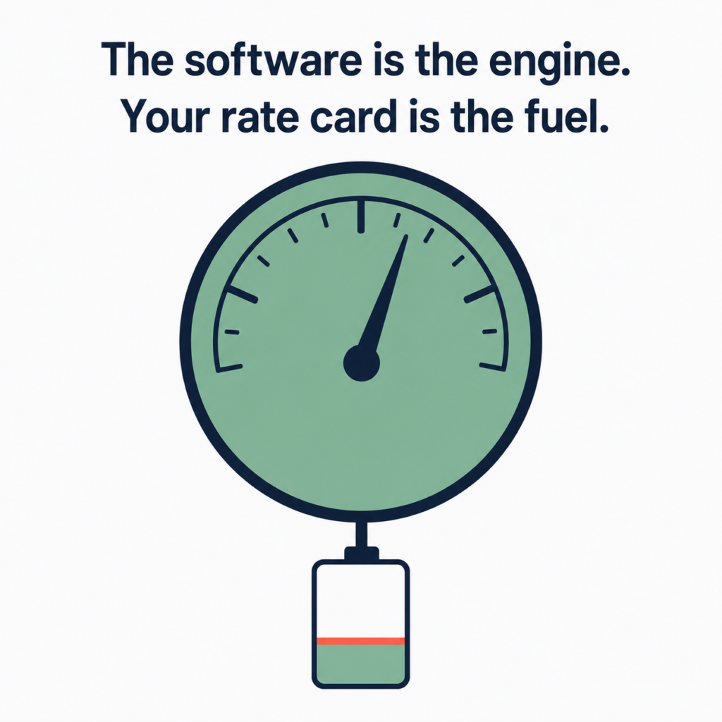 Flat illustration of a fast speed gauge fed by a low fuel tank, showing automation runs on the rate it is given