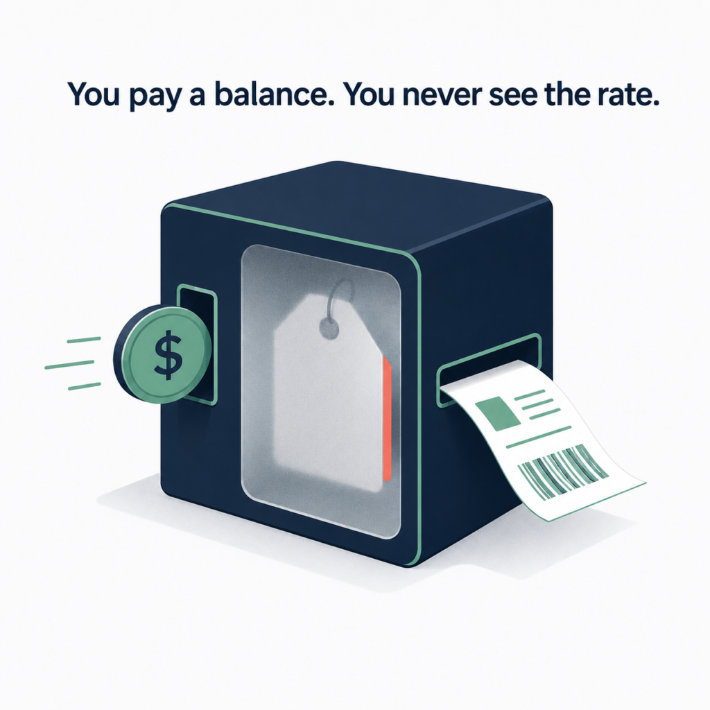 Illustration of a sealed dark-blue box with a price tag and receipt emerging from it, alongside a dollar coin. Text above reads, &ldquo;You pay a balance. You never see the rate.&rdquo;