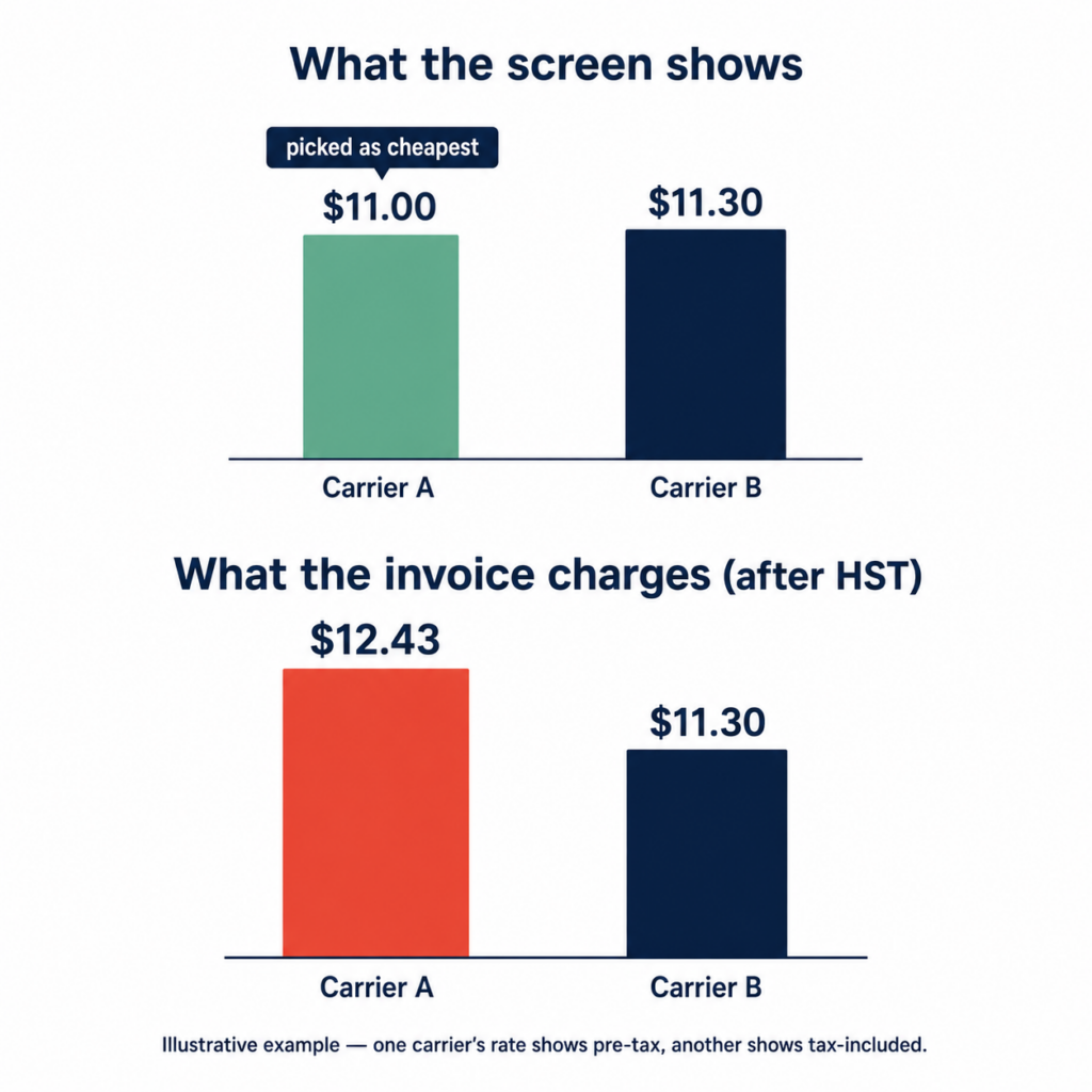 Bar comparison showing a carrier displayed as cheapest becoming the most expensive once HST is added