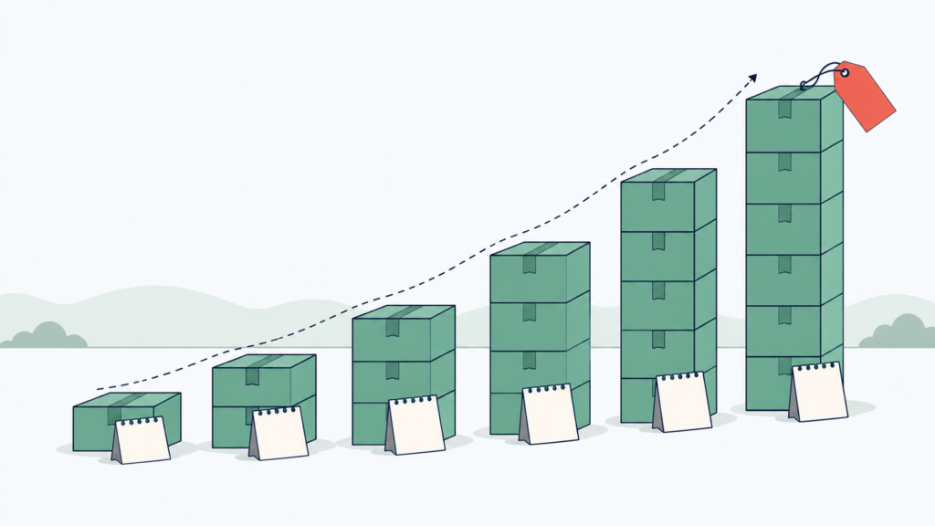 Stacks of green parcel boxes rising left to right with desk calendars and a red price tag on the tallest stack