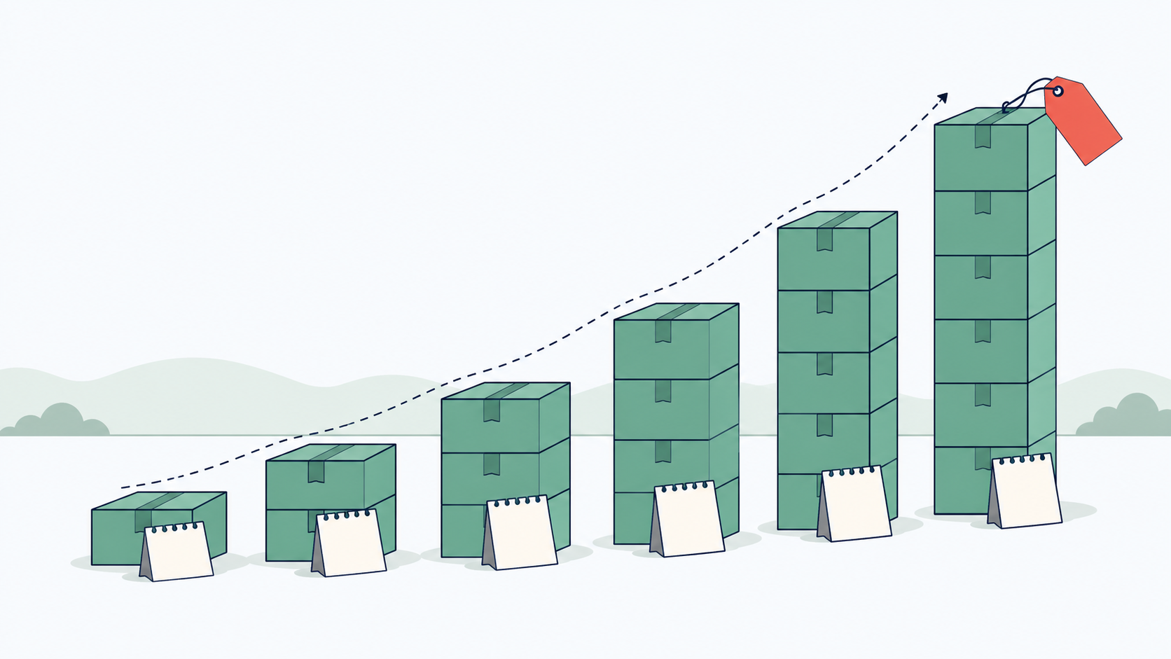 Stacks of green parcel boxes rising left to right with desk calendars and a red price tag on the tallest stack