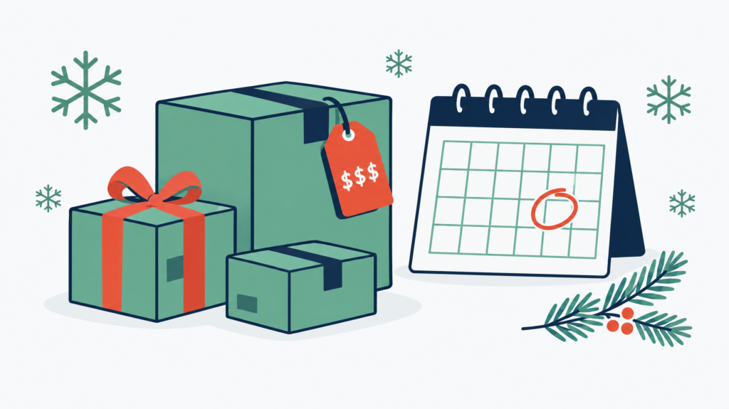 Green parcel boxes, one gift-wrapped and one with a $$$ price tag, beside a calendar with a date circled in red